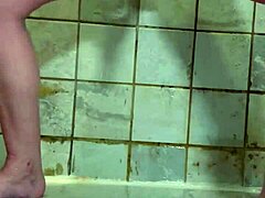 Pierced milf wife uses double dildos for solo shower play