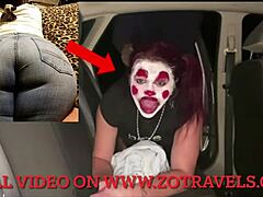 A chubby girl with fair skin receives a deepthroat and anal sex from a clown