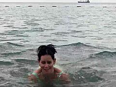 A steamy beach encounter in Montenegro with a mature couple indulging in oral sex and a facial finish