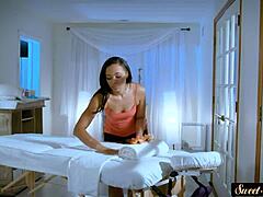 Sensual mature woman enjoys a romantic encounter on a massage table