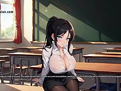 المعلم الآسيوي ذو الصدور الكبيرة يدعو الفتيات منظمية إلى المدرسة .