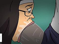 Moden nonne hengiver sig til beskidt snak og nyder en sort pik i anime Hentai-video
