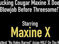 Maxine x, en moden brunette cougar, gir en slurvete blowjob før hun engasjerer seg i en trekant