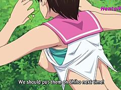 A mature woman entices a young man for outdoor sex in a park, featuring hentai elements