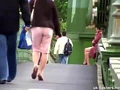 British milf flashes and teases in public