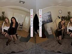 Порно у виртуелној стварности са секси колегама Јаиме, Мицхаелле, Кејли Гуннер и Лекси Луна у својим канцеларијским униформама