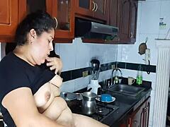 Amateur Latina gets off in the kitchen while her stepbrother watches