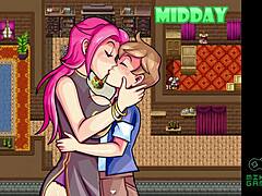 Game porno dengan bibi tiri dan MILF dengan payudara besar dan rambut merah muda